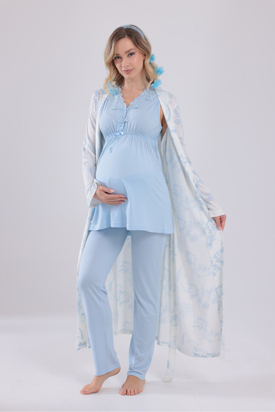 Yulem Homewear Blue Lace Design Strappy Cotton Maternity Pajama Set with 3-Pi...