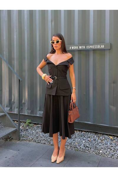 MADAME MELEK Premium Lined Vest Skirt Set with Belt Detail, Midi Length Styli...