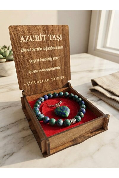 Meneva Aksesuar Azurite Stone Natural Stone Wooden Boxed Necklace and Bracele...