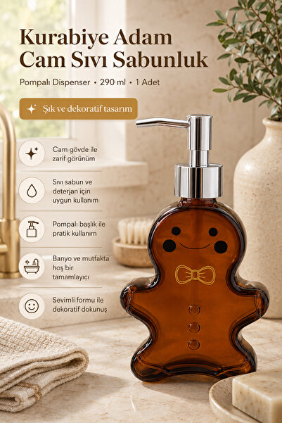 DİVAYS Kurabiye Adam Cam Sıvı Sabunluk Deterjanlık Pompalı Dispenser 290 ml 1...