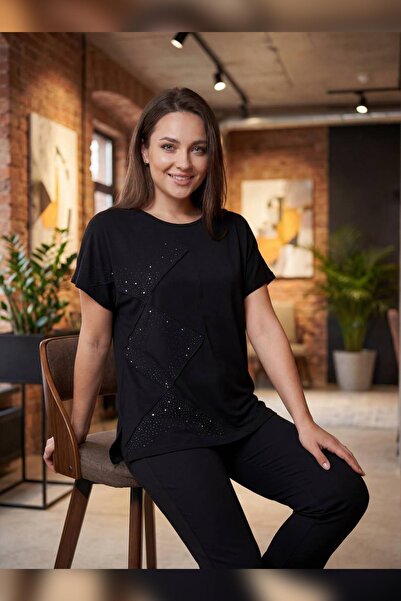Hermevsim Wearon Women's Pınar Square Ribbed Stoned Black T-Shirt