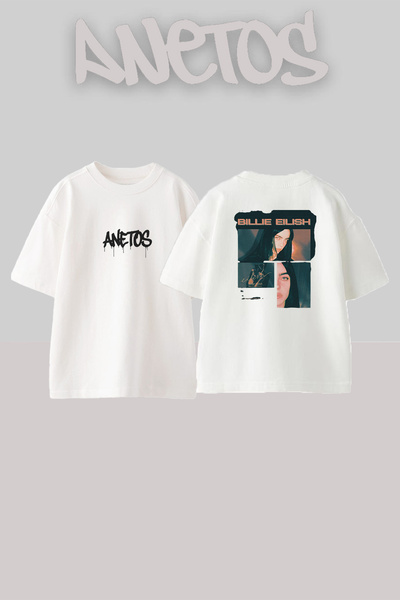 Anetos تي شيرت أبيض كبير الحجم مطبوع بتصميم Billie Eilish_164