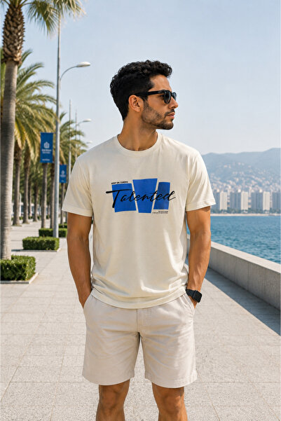 Maccali Tricou bej elastic cu imprimeu text pentru bărbați