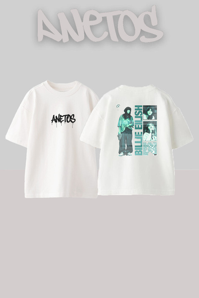 Anetos تي شيرت أبيض كبير الحجم مطبوع بتصميم Billie Eilish_157