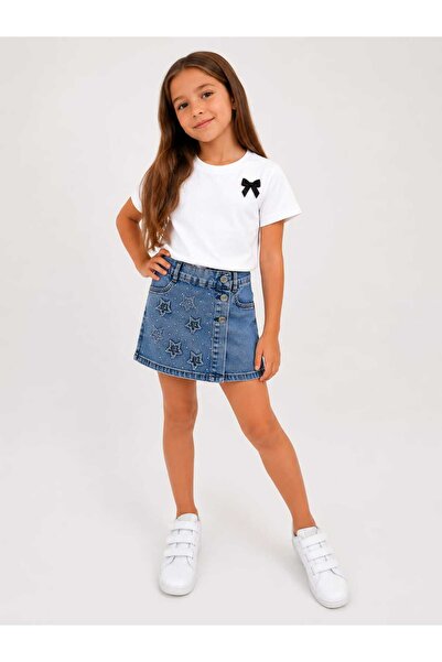 kidsense Girl's Star Appliqued Denim Shorts Skirt with Stone Detail