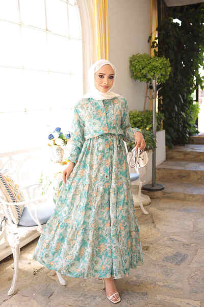 İmajButik Mint Yeşili Yarım Düğmeli Kol Lastikli Eteği Katlı Elbise