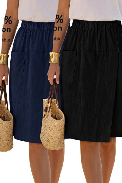 COOL TARZ Women's 2-Piece Set Black Navy Blue 100% Linen High Waist Elastic P...