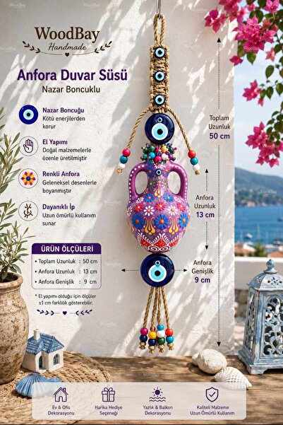 WoodBay El Yapımı Nazar Boncuklu Anfora Duvar Süsü 50 cm – Seramik Anfora Dek...