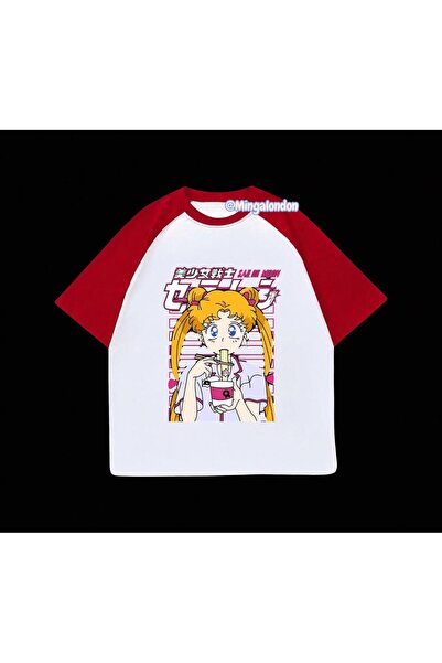 Minga London Sailor Moon Usagi Tsukino Anime Printed Red Raglan Sleeve T-Shirt