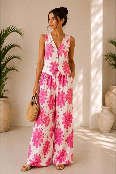 FashionForYou Αέρινο σετ Αριόζο, με μεσογειακό σχέδιο, παντελόνι παλάτσο και ...