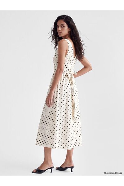 LC Waikiki Xside Ecru Polka Dot Waist-Slit Corset Dress
