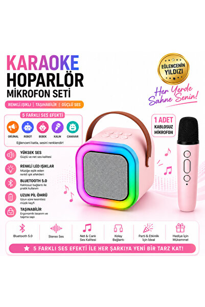 Newiba Teknoloji Karaoke Hoparlör ve Kablosuz Mikrofon Seti - Renkli Ledli ve...