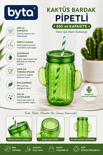 BYTA 450 ml Cactus Design Glass with Straw – with Lid, Bpa Free, Reusable