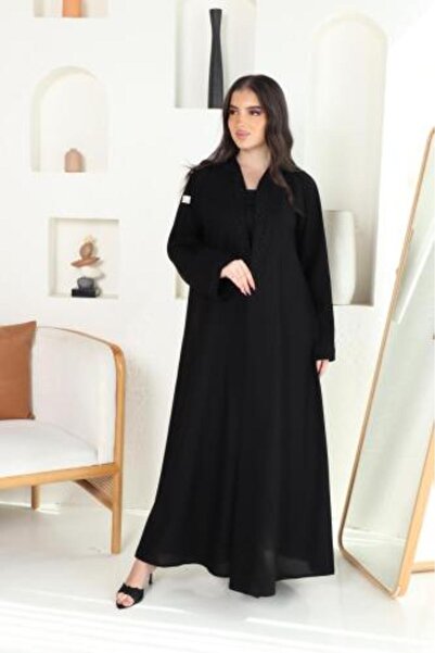 nawaem Premium Quality Lambrin Fabric Abaya with Soft Handmade Embroidery