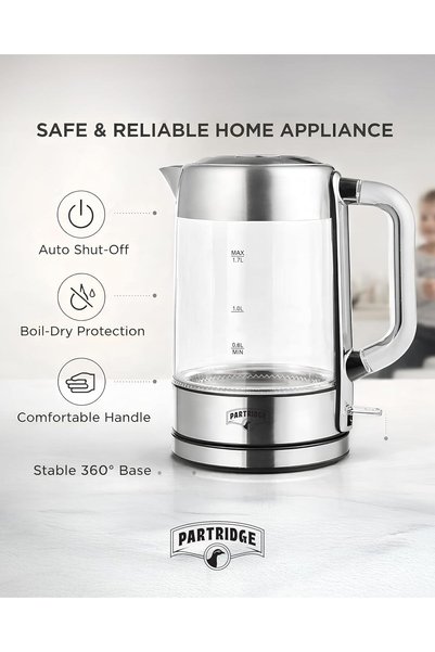 Partridge Electric Glass Kettle, 1.7L Capacity, LED Light, 360° Rotary Base, Glass Body, 2200W,Dry Boil Protection For Tea Coffe Water Boiling, New Modern Premium Design