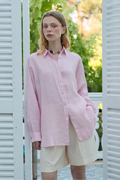 REVENA COLLECTION Pembe Keten Gömlek