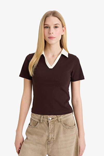DeFacto Fitted Polo Collar Ribbed Short Sleeve Brown T-Shirt G2193Ax26Sp