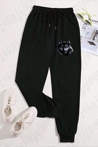 ZOKAWEAR Unisex Wolf Printed Unisex Black Printed Sweatpants
