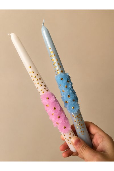 Elif Design 2 li pembe mavi gold detaylı çiçekli şamdan mum seti