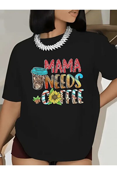 NOURAM تي شيرت أسود بأكمام قصيرة مزين بطباعة 'Mama Needs Coffee'، مثالي للمنا...