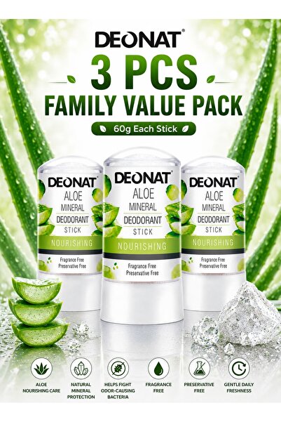 DEONAT Aloe Mineral Deodorant Stick 60g Pack of 3 Pure Crystal Alum with Aloe...