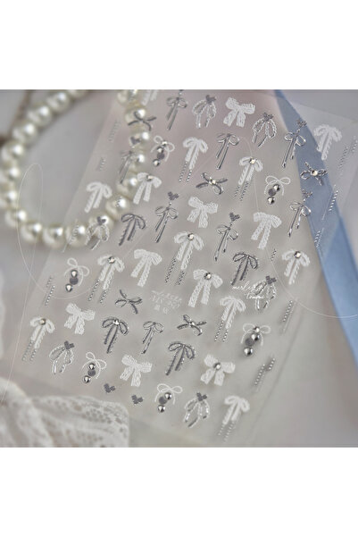 Choice 1PCS White Silver Lace Bow Nail Stickers Luxury 5D Pearl Rhinestone Se...