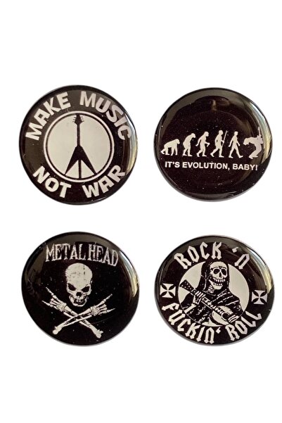 Yaya Dizayn Rock'n Fuck'n Roll Temalı Parlak Baskılı 4'lü Metal Rozet Seti