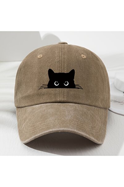 Choice1 Adjustable Khaki Cute cat print vintage washed baseball cap for men a...