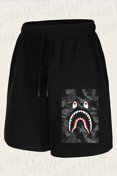ZOKAWEAR Unisex Gray Bape Shark Design Printed Shorts