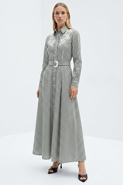 Exquise Belted Long Sleeve Embroidered Shirt Collar Regular Midi Dress