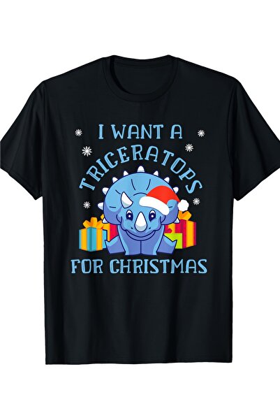 STITCHLY Men's Triceratops T-Shirt Black Holiday Tee with Santa Hat Dinosaur,...