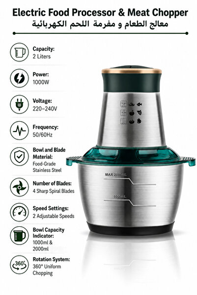 Baytix HOME 2L Electric Food Processor & Meat Chopper Stainless Steel Bowl 10...