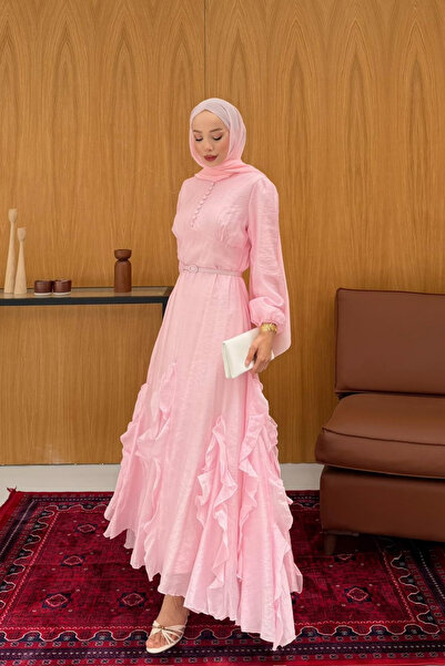 fushya design Kaplama Düğmeli Volan Detaylı Kemerli Elbise
