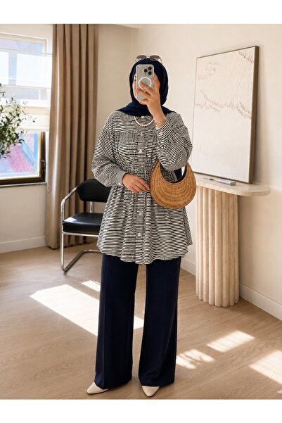 unika boutique Beli Büzgülü Çizgili Tesettür Gömlek