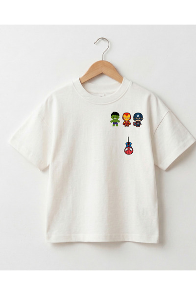 babytex Superhero Printed Oversize Kids' T-Shirt – 100% Cotton Unisex White T...