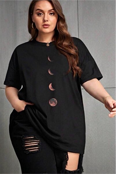 Oksit Moon Women's Large Size Oversized Printed Crew Neck Cotton T-Shirt Rela...