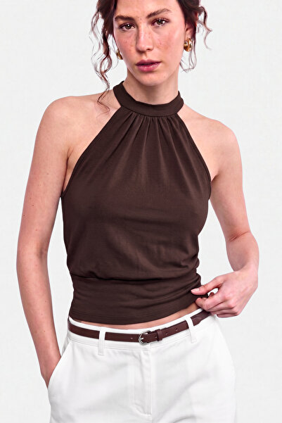 VODENS Coffee Beige 97% Cotton Lace-Up Blouse