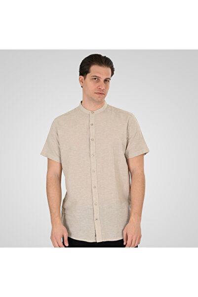 double 261 GS-5194-Beige Ανδρικό Κοντομάνικο Πουκάμισο Μάο Γιακά Με Λινό Και ...