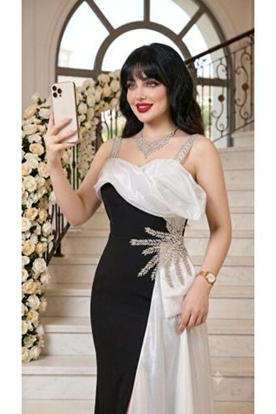 vela Black and White Silk Evening Dress with Crystal Embellishment and Side T...