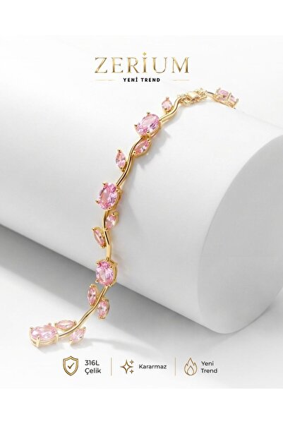 ZERİUM Kadın Gold Çelik Bileklik Pembe Zirkon Taşlı Sarmaşık Modeli