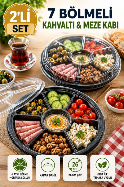Open Home Concept 2'li Set 7 Bölmeli Kahvaltı Meze Kabı Kapaklı 26 cm Tek Kul...