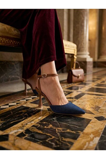 lady feet Kadın mavi kotSivri Burun Bantlı Topuklu Ayakkabı