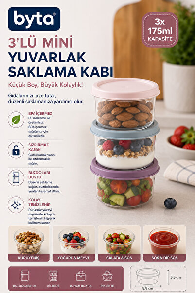 BYTA Set of 3 175 ml Mini Round Storage Containers with Lids Bpa Free Food St...