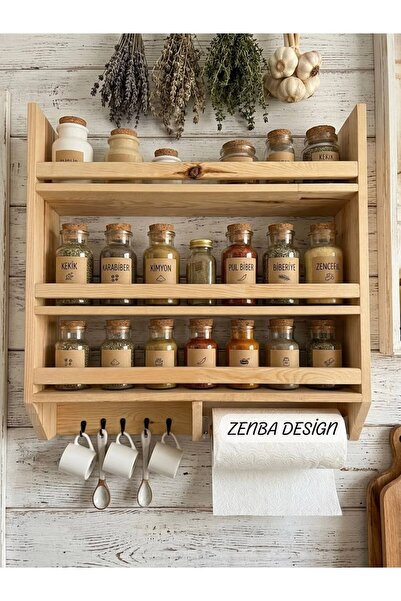 Zenba Design Büyük Boy Ahşap Çıtalı Terek Bardak Baharatlık Rafı Geniş Raf Öl...