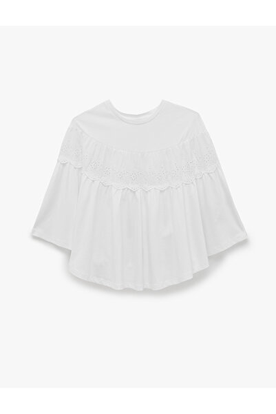 Koton Cotton Crew Neck Cape Sleeves Lace Embroidered Blouse