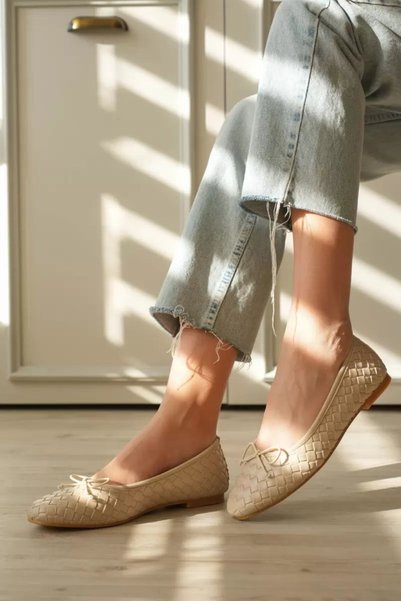 Generic Brand Women's Beige Daily Print Detailed Round Toe Ballerina Shoes Tr...