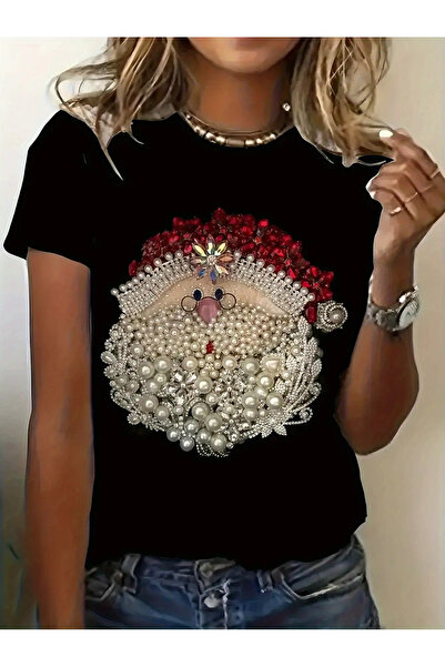LİNA06 Women's Santa Claus Printed T-Shirt, Short Sleeve Round Neck Casual To...
