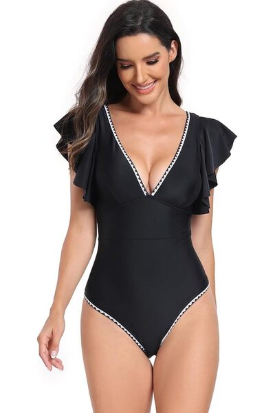 Arabest One Piece Women Swimsuit, V Neck Ruched Lace, Black, Slim Tummy Contr...