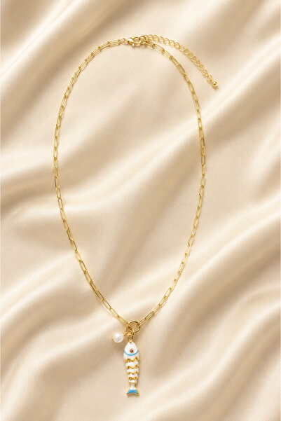 Tuysa Jewelry Maris İnci Detaylı Balık Charm Gold Zincir Kolye