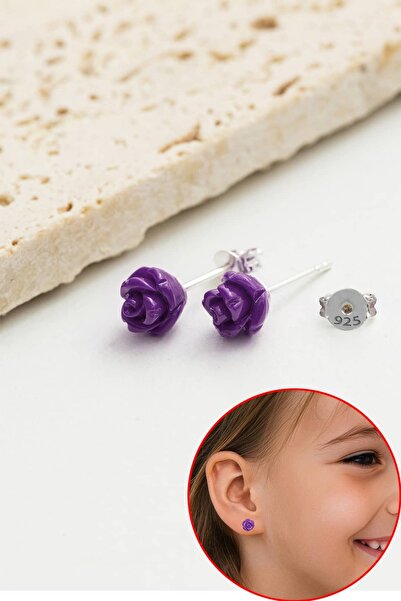 klas gümüş Çocuk 925 Ayar Gümüş Mor Gül Figürlü Minimal Çivili Küpe (7Mm)